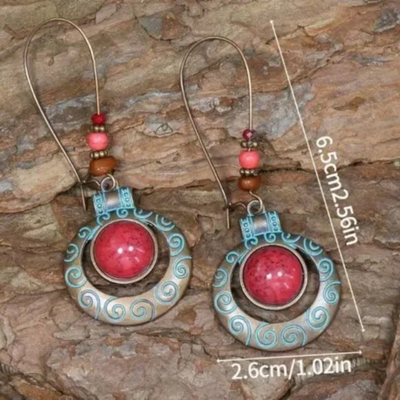 Women's Round Synthetic Red Agate Inlaid Electro-Plated Alloy Dangle Earrings - Picture 2 of 2